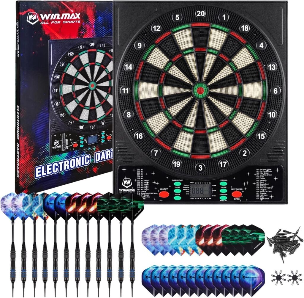 WIN.MAX Electronic Dart Board, LED Display Automatic Scoring Dartboard Sets for Adults with 12 Darts 100 Soft Tips, Dart Board Electronic Scoreboard, Power.