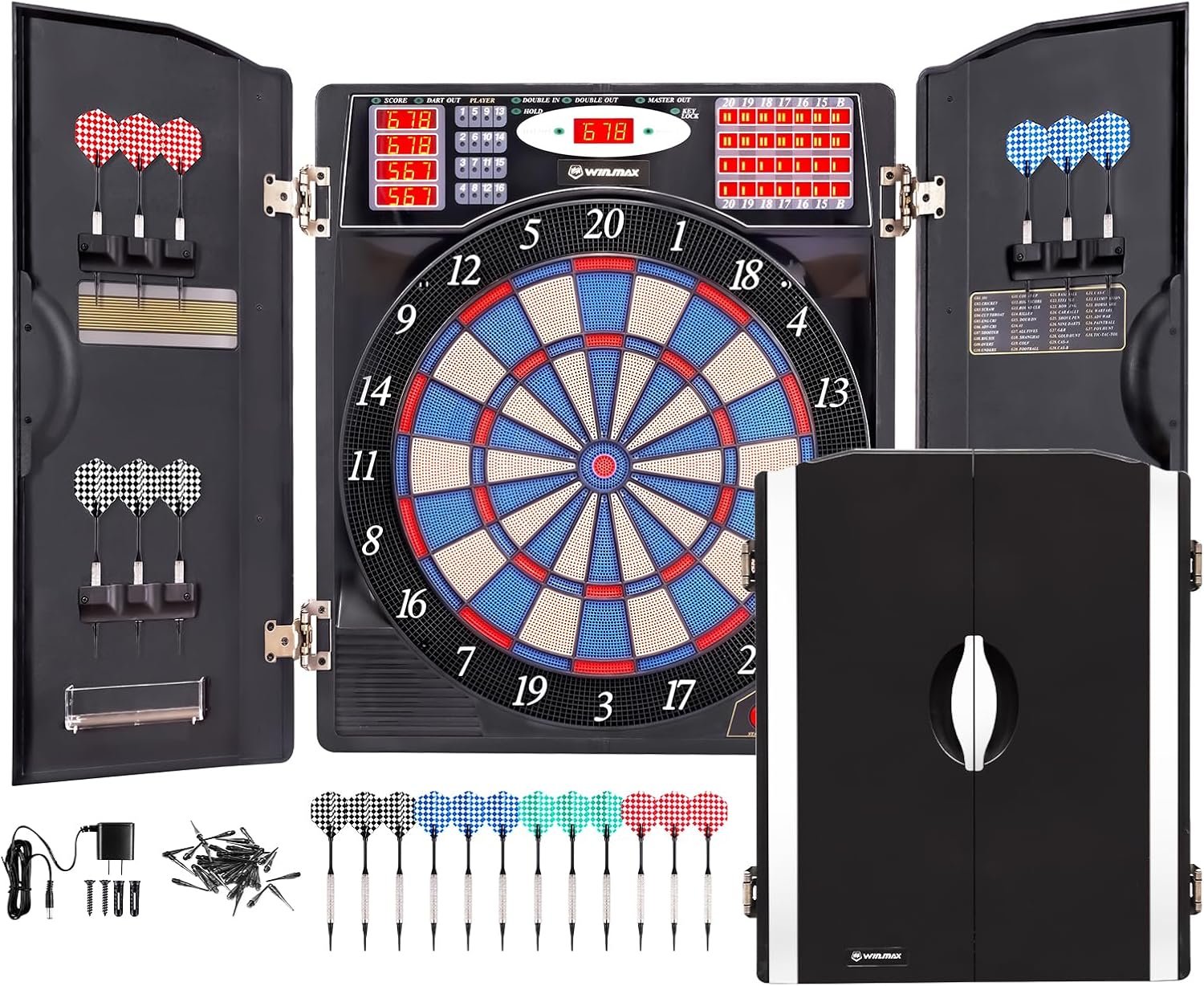 WIN.MAX Electronic Dart Board Cabinet Set, LED Electric Digital Soft Tip Dart Boards for Adults with Cabinet, up to 16 Players, 38 Games and 211 Variations.